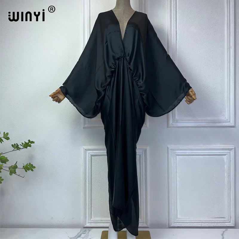 WINYI monochrome elegant Swimsuit Cover Up Women Beach Dress V-neck Dresses Summer Woman Clothes fashion Robe long down dress - Matrix Studios