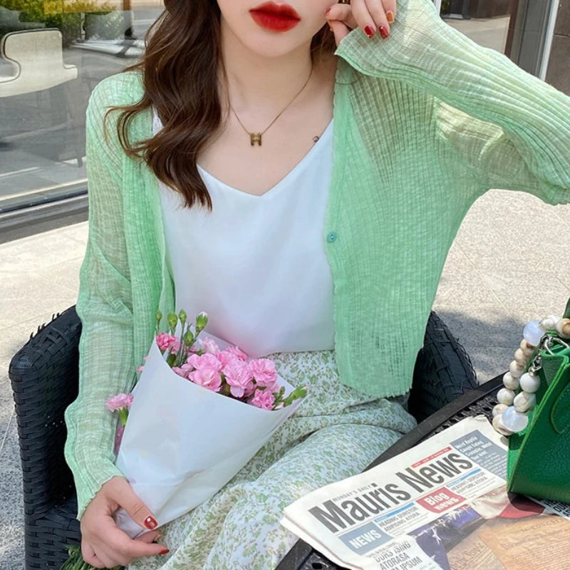 AOSSVIAO 2026 Spring Summer Ice Silk Knitted Thin Women's Cardigan French Style Sun Protection Shawl Sweater Coat Knit Crop Tops - Matrix Studios