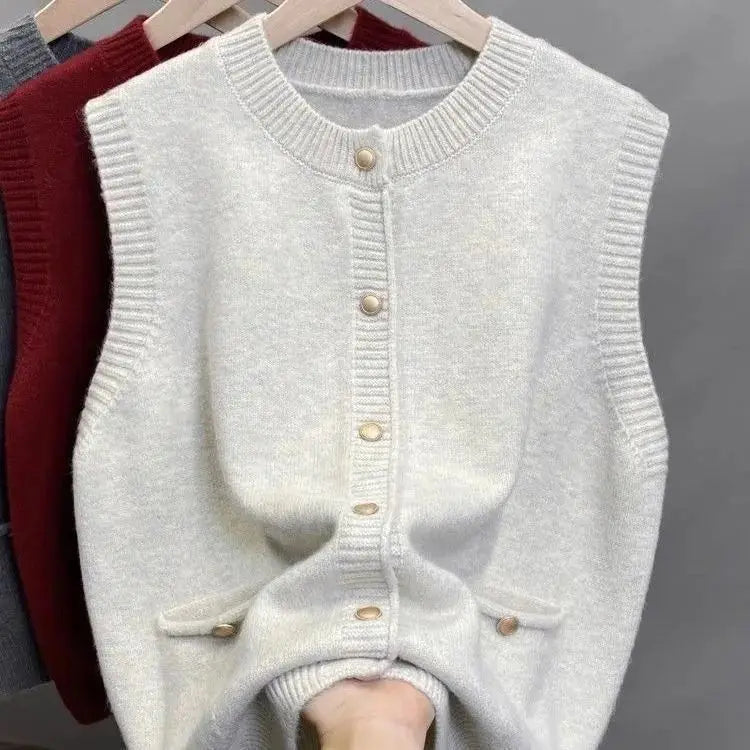 Knitted Sweater Vest Women Gold Buckle O-Neck Sleeveless Chic Red Knit Pullovers Soft Elegant Sweater Fall Winter Vests Clothing - Matrix Studios