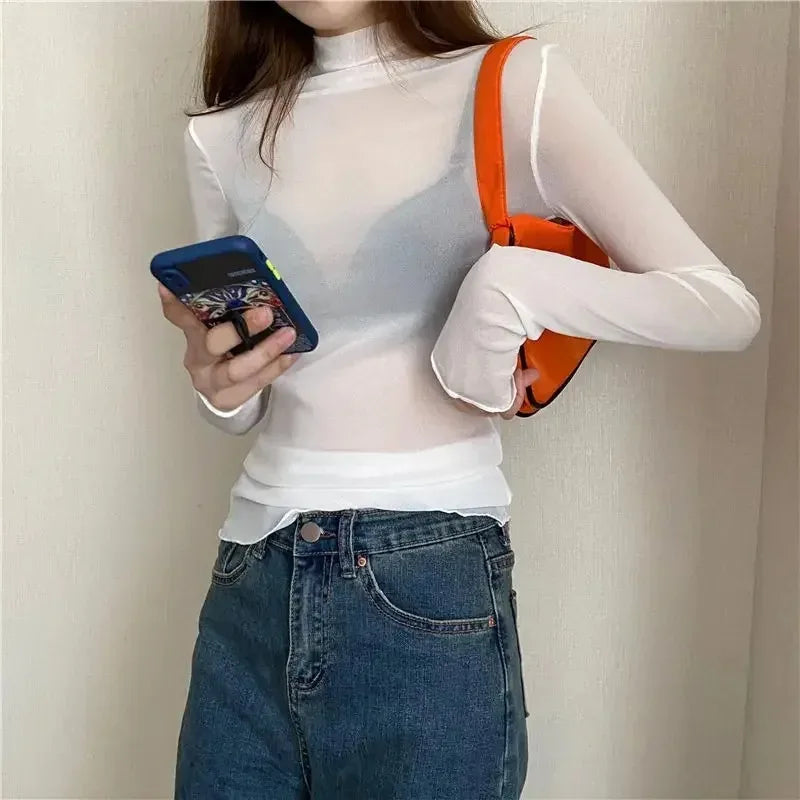 New Women Floral Lace Shirt Spring Autumn Long Sleeve Sexy Mesh Bottoming Shirts Mock Neck Blouse T-Shirt Pullover Top - Matrix-studios.com