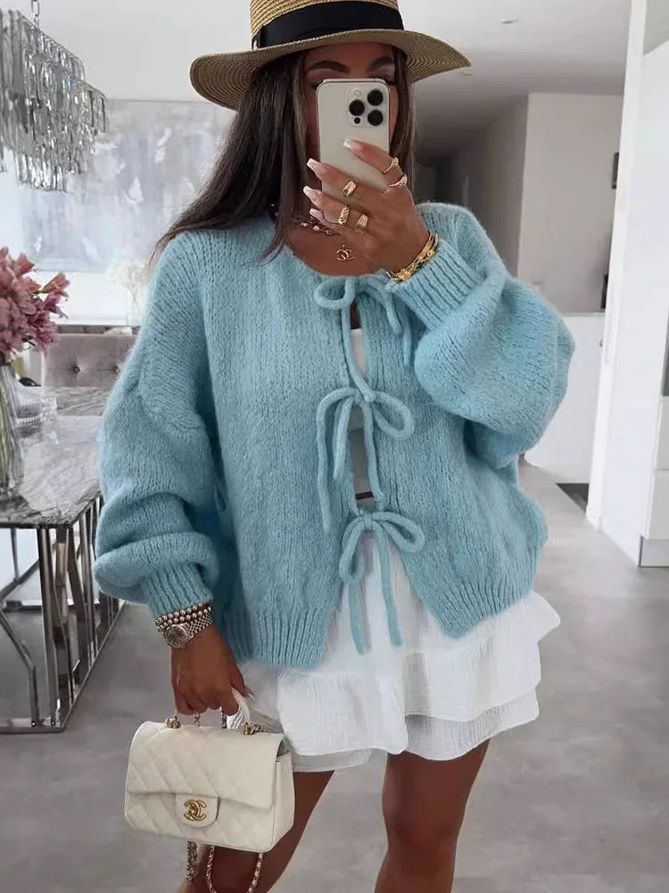 Solid Color O-neck Lace-up Knitted Cardigan Women 2025 Autumn Winter Streetwear Casual Simplicity Sweater Coats - Matrix Studios