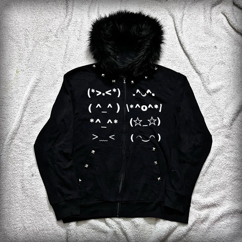 Casual Faur collar Harajuku Streetwear Hiphop Zipper Hoodie sweatshirt Vintage Rock Goth Loose Punk EMO Y2K Zip up hoodie Jacket