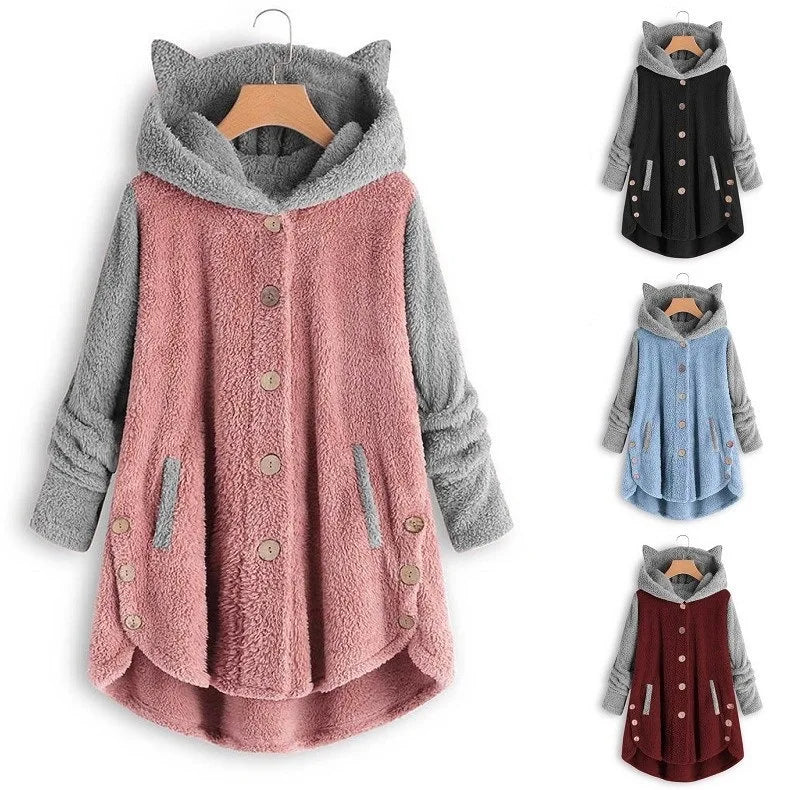 Cat Print Long Hoodies Sweatshirt Women Fleece Warm Button Pocket Pullovers Cat Ear Plus Size Hoodie Top Blouse Sweat Femme - Matrix Studios