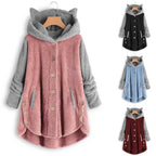Cat Print Long Hoodies Sweatshirt Women Fleece Warm Button Pocket Pullovers Cat Ear Plus Size Hoodie Top Blouse Sweat Femme - Matrix Studios