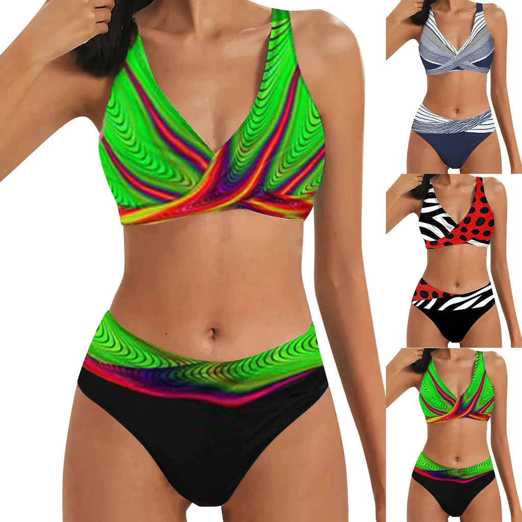 Color Block Two Piece Swimsuit Beach Bikini V Neck Swim Top And High-Waist Bikinibottom Briefs Ladies Tankini Swimwear Beachwear - Matrix-studios.com