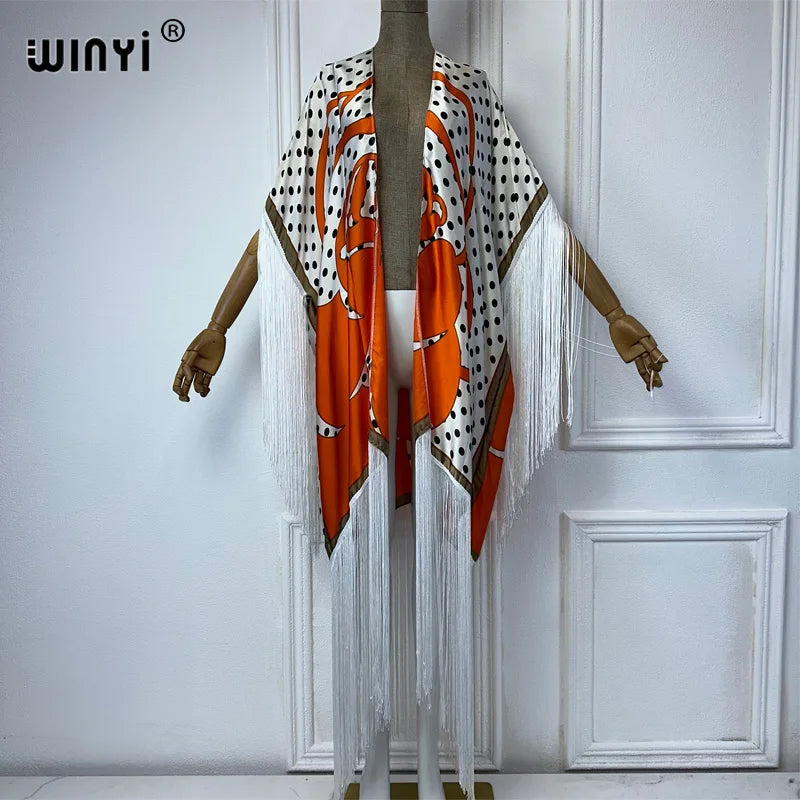 WINYI Kimono Cover-ups Summer Boho Print Bikini Cover-up Elegant Fashion Cardigan Sexy Holiday Long Sleeve Tassels Maxi Dress - Matrix Studios