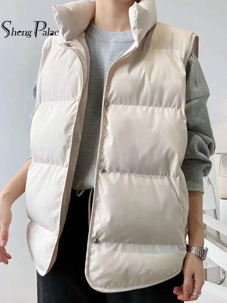 SHENGPALAE Fashion Contton Vest Women's 2026 Autumn Stand Collar Single Breasted Sleeveless Loose Solid Color Waistcoat 5E4841 - Matrix Studios