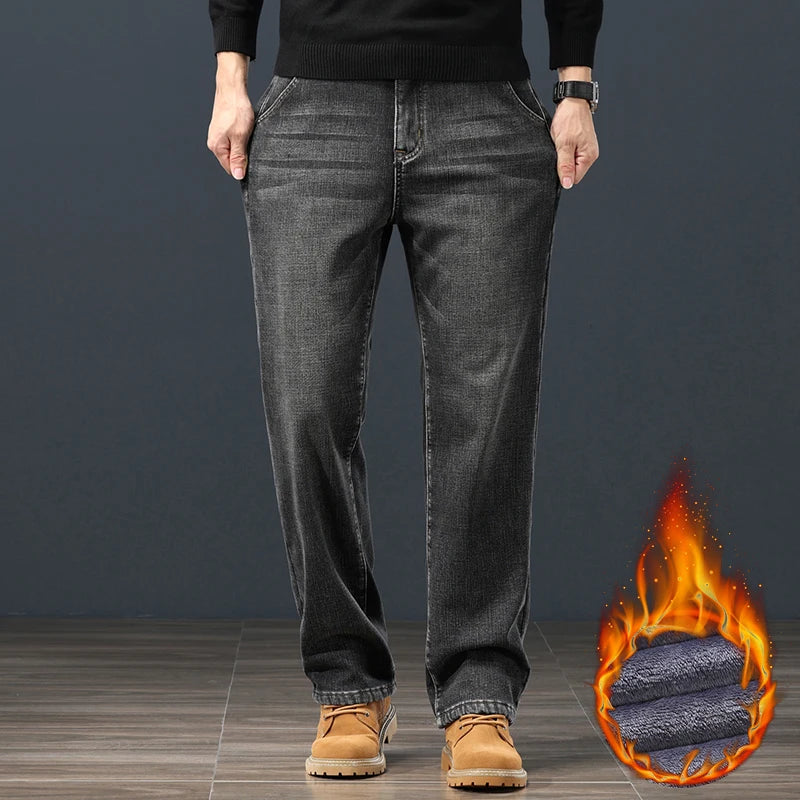 Winter Fleece Men Jeans Classic Loose Straight Warm Thicken Trousers Business Casual Velvet Elastic Denim Pants Plus Size 42 44 - Matrix Studios