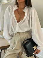 Clacive Casual Loose White Cotton Women's Blouse 2025 Fashion Stand Collar Long Sleeve Shirt Elegant Classic Solid Top Female - Matrix-studios.com