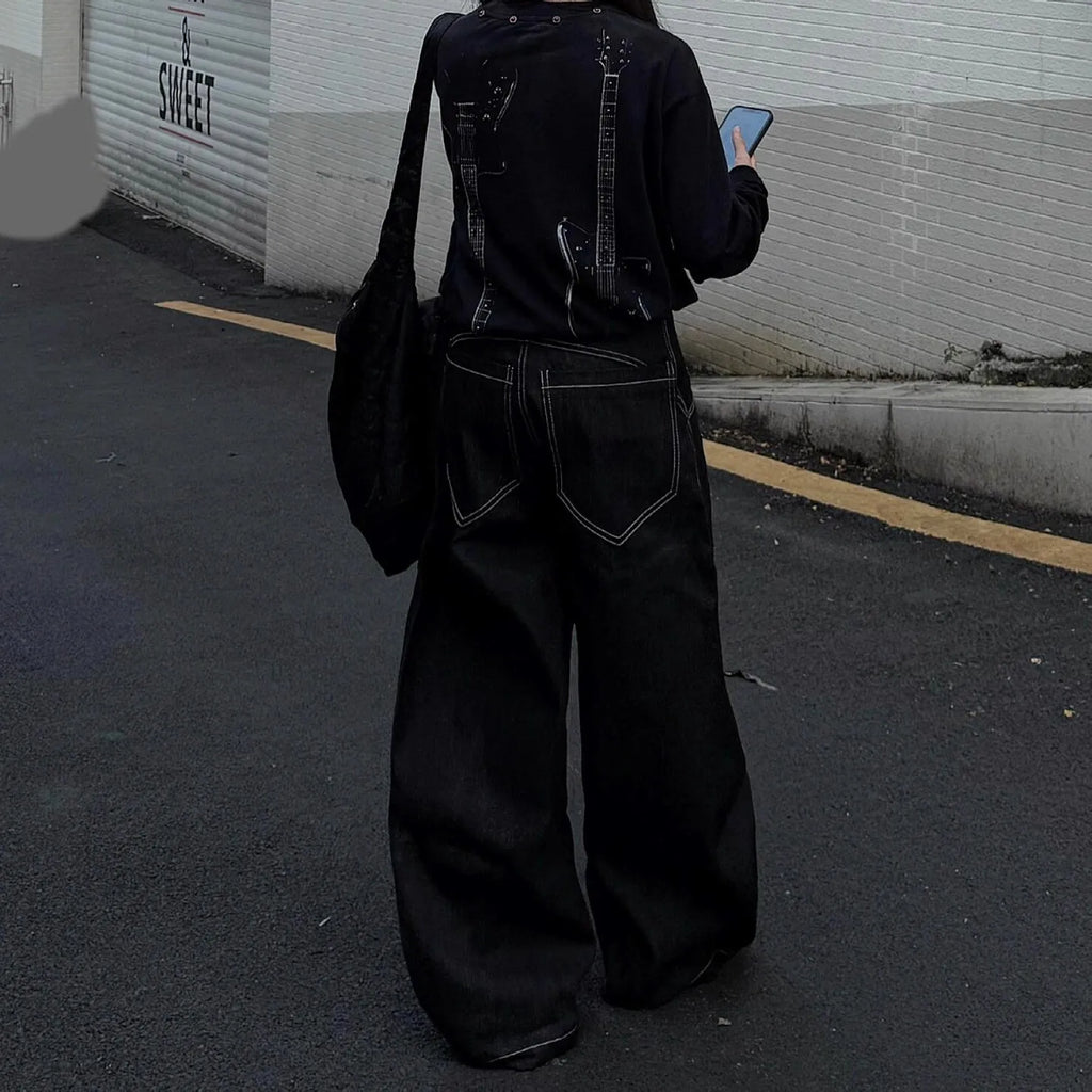 Women’s Multi-button Design Curved Wide-leg Jeans High Waist Straight Baggy Denim Pants Female Vintage Street Style Trouser - Matrix-studios.com