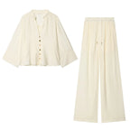 Autumn new women's loose and simple V-neck long sleeved shirt with elastic waist and wide leg pants set - Matrix-studios.com