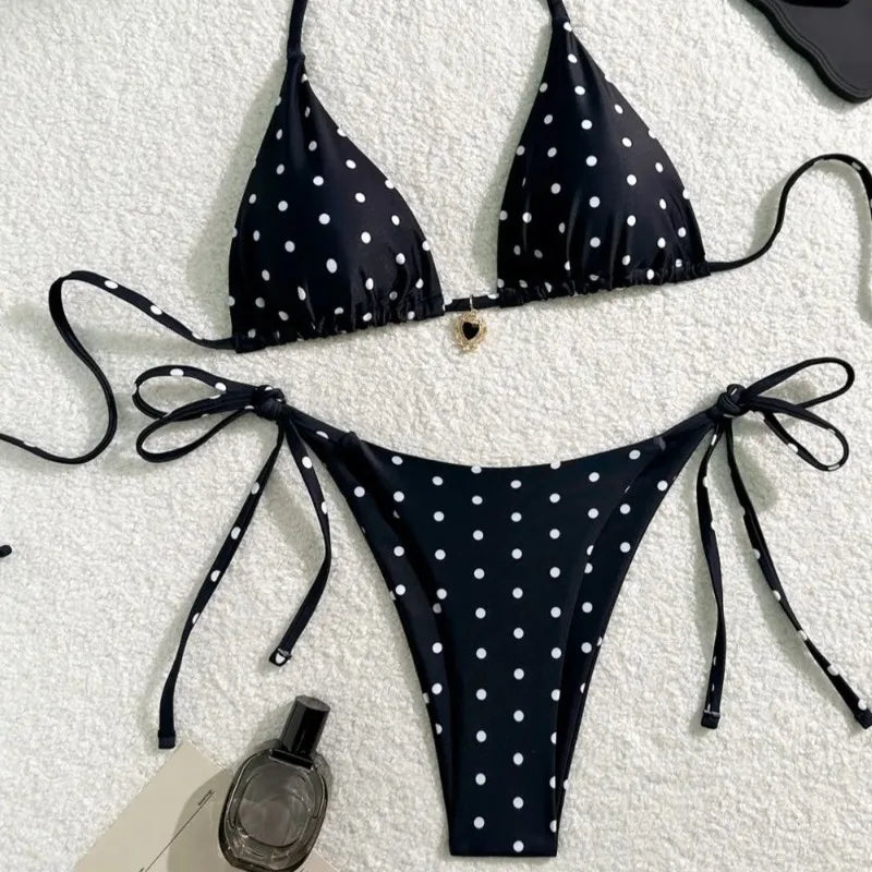 Sexy Bikini Set Black White Polka Dot 2 Piece Swimsuit for Women American Style Beach Bikini - Matrix-studios.com