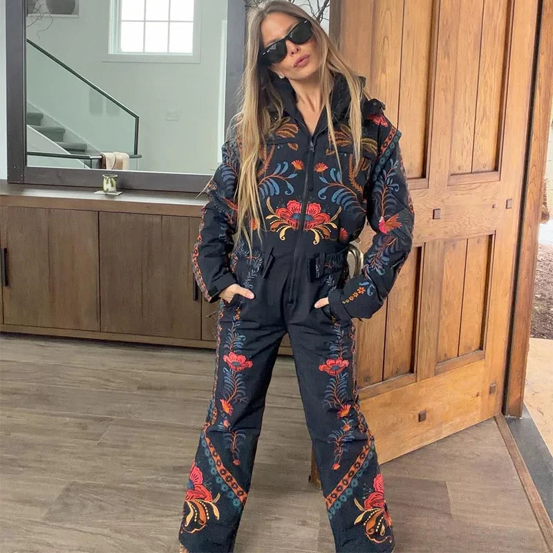 Flower Printed Women's Ski Jumpsuits Zippers Stand Collar Waist-closed Pocket Lady Rompers 2026 Autumn Winter Female Ski Wear - Matrix Studios