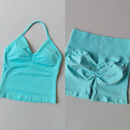 Sexy Halter Neck Beautiful Back High Waist Peach Sports Bras Shorts Suit Pilates Gathering Yoga Vest Training Fitness Bra Sets - Matrix-studios.com