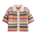 Women Patchwork Striped Hollow Out Crochet Knitted Crop Sweater Shorts Set Short Sleeve Polo Collar Sweater Knit Shorts Suit Y2K - Matrix-studios.com