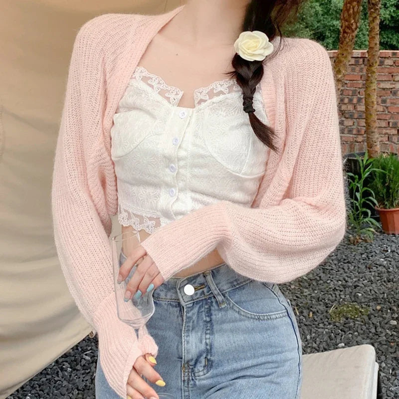 Combhasaki Women's Summer Open Front Bolero Shrug Long Sleeve Solid Color Sun Protection Transparent Knitted Cropped Cardigans - Matrix Studios