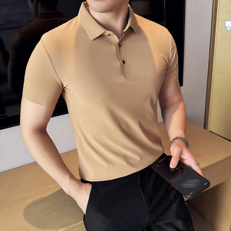 Ice Silk High Elastic Seamless T-shirt ,Summer Thin Polo Shirt, Solid Color Polo Collar Short Sleeve Brown Top, Business Leisure - Matrix-studios.com