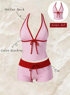 Kawaii Pink Dot Bikini Shorts Bowknot Halter Backless Swimsuit Deep V Swimwear Women's Bikinis and Tankinis Vacation Outfit Sets - Matrix-studios.com