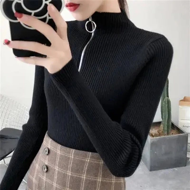 Knitted Women Zipper Half High Neck Sweater Pullovers Autumn Winter Basic Women Sweaters Slim Solid Knitwear Pull Femme Tops - Matrix-studios.com