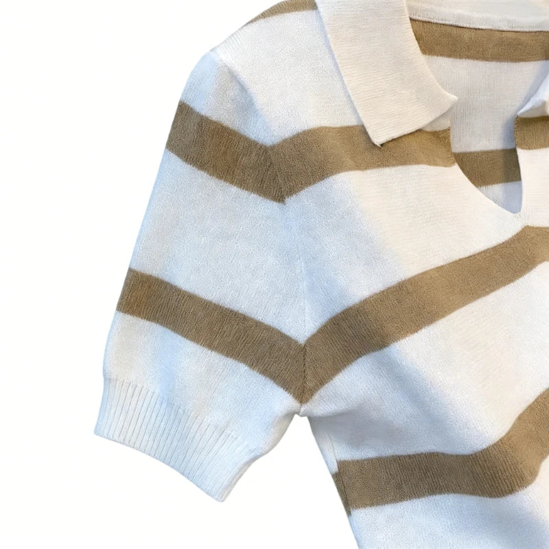 Red White Striped Summer Knit Polo Top Women's Short Sleeve Collared Shirt Lightweight Elastic Casual Daily Knitted Blouse Tee - Matrix-studios.com