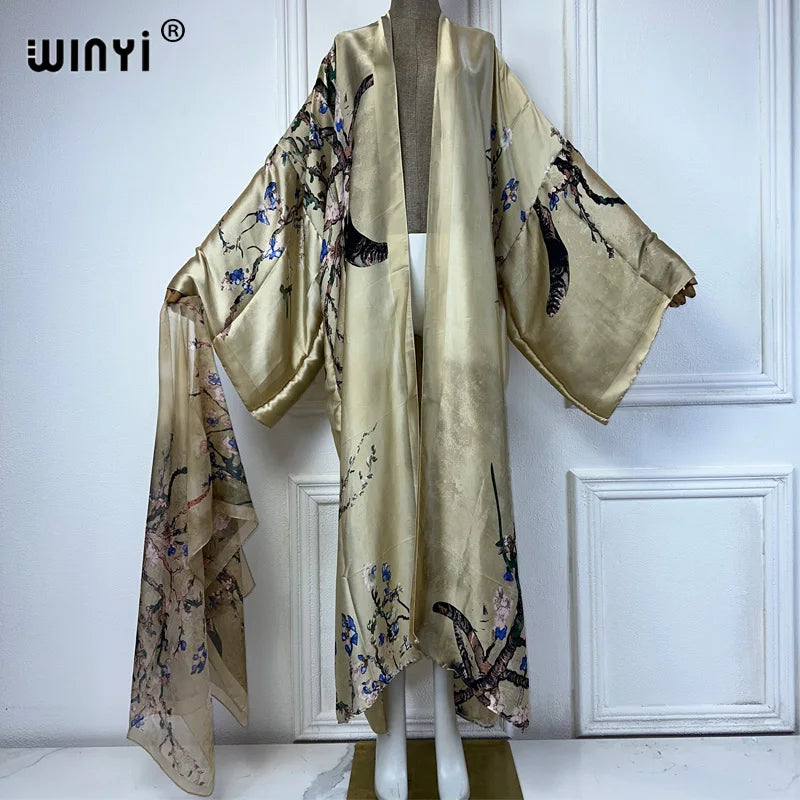 WINYI Kimono Women Summer Fashion Print Long Sleeve Cardigan Female Loose Abaya Casual Beach Cover Up Boho Dress With Scarf - Matrix Studios