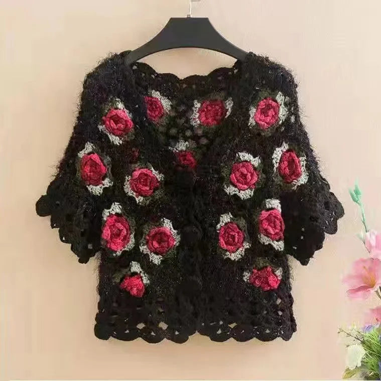 Three-Dimensional Flower Openwork Crocheted Sweater Cardigan Women's Spring And Autumn New Heavy Industry Joker Sweater 3XL Coat - Matrix Studios