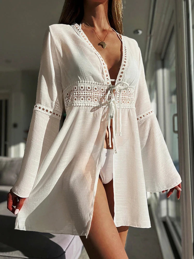 Swimsuits Beach Cover Up Long sleeve V-Neck White Pareo Beachwear Sun Protection Clothes Knitted Beachwear Lace Cover-Up Dress - Matrix Studios