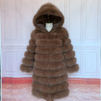 QUEENTINA Hood Fur Coat Women Real Fox Long New Luxury Female Natural Leather Jacket Warm Thick Long Winter Fur Vest Waistcoat - Matrix Studios