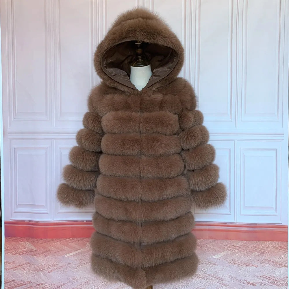 QUEENTINA Hood Fur Coat Women Real Fox Long New Luxury Female Natural Leather Jacket Warm Thick Long Winter Fur Vest Waistcoat - Matrix Studios
