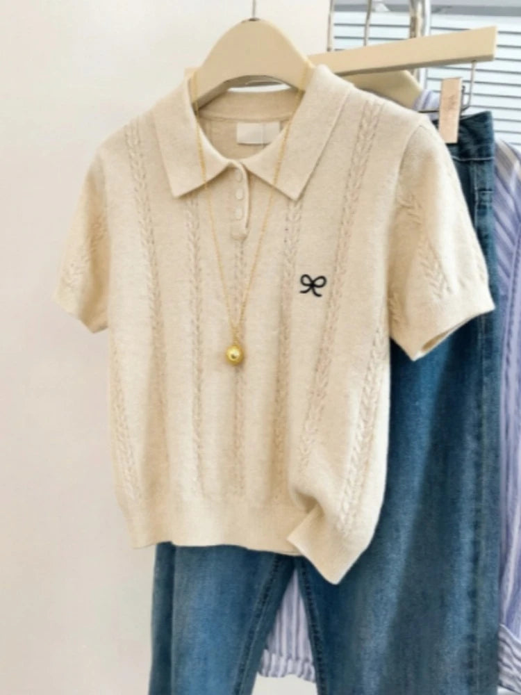 AOSSVIAO Cute Bow Embroidery Short Sleeve Tops 2026 Summer New Women Gray Knitted Polo neck T-shirt Trendy Versatile Casual Tee - Matrix-studios.com