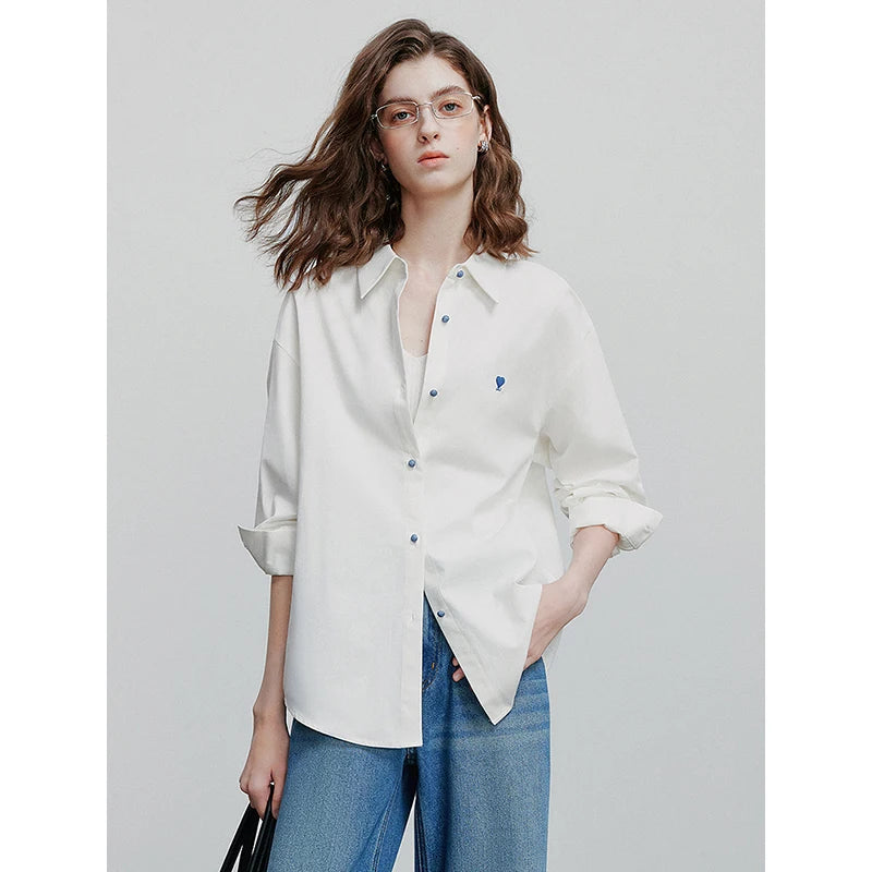 TOYOUTH Women Blouse Shirt 2025 Spring New Love Embroidered Simple and Versatile Solid Color Pure Cotton Shirt Tops - Matrix-studios.com