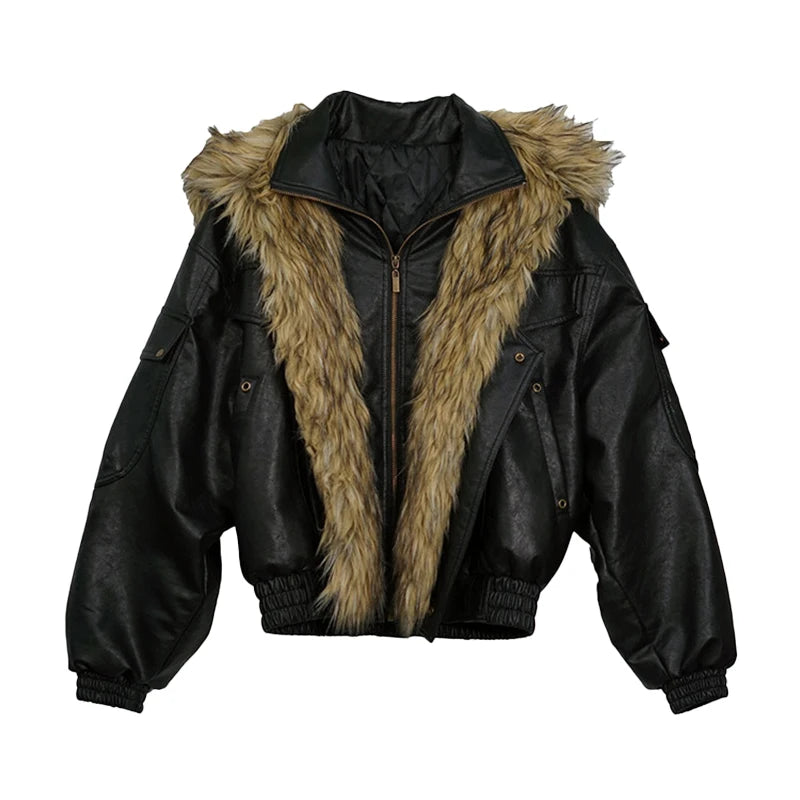 Nerazzurri Autumn Winter Loose Casual Quilted Warm Pu Leather Jacket Women with Detachable Faux Fur Collar Luxury Unisex Clothes - Matrix Studios