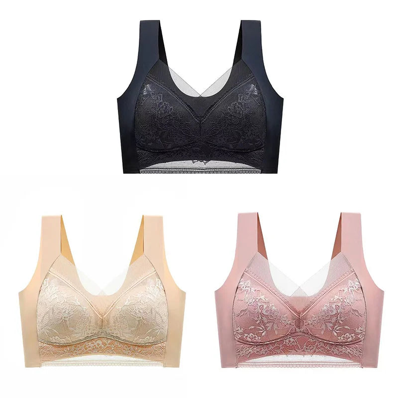 3Pcs Women Lace Bra Perspective Push Up Ice Silk Deep V Bralette Bra Sexy Lingerie Tops Plus Size Cup Mom's underwear L-5XL - Matrix Studios