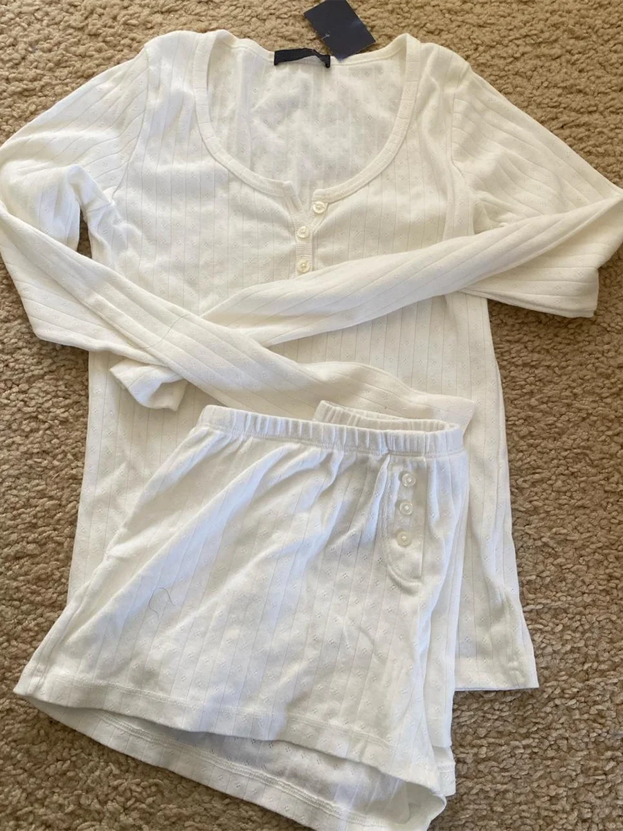 Eyelet Buttons White Long Sleeve T-shirt Shorts Set Woman Slim Tees+Elastic Straight Sweatshort Cotton Home Pajama 2 Piece Sets - Matrix-studios.com