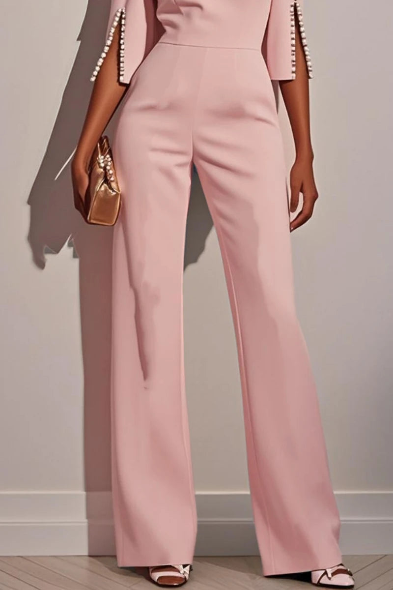 Women's Jumpsuit Casual Solid Color 3/4 Length Sleeve Straight Round Neck Beaded High Waist Daily Going out Regular Fit Black Wh - Matrix Studios