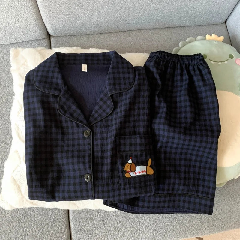 Embroidery Dog Sweet Fashion Cute Pajamas Set for Women Plaid Lapel Neck Elastic Waist Design Pajamas Short New Casual Nightwear - Matrix-studios.com