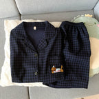 Embroidery Dog Sweet Fashion Cute Pajamas Set for Women Plaid Lapel Neck Elastic Waist Design Pajamas Short New Casual Nightwear - Matrix-studios.com