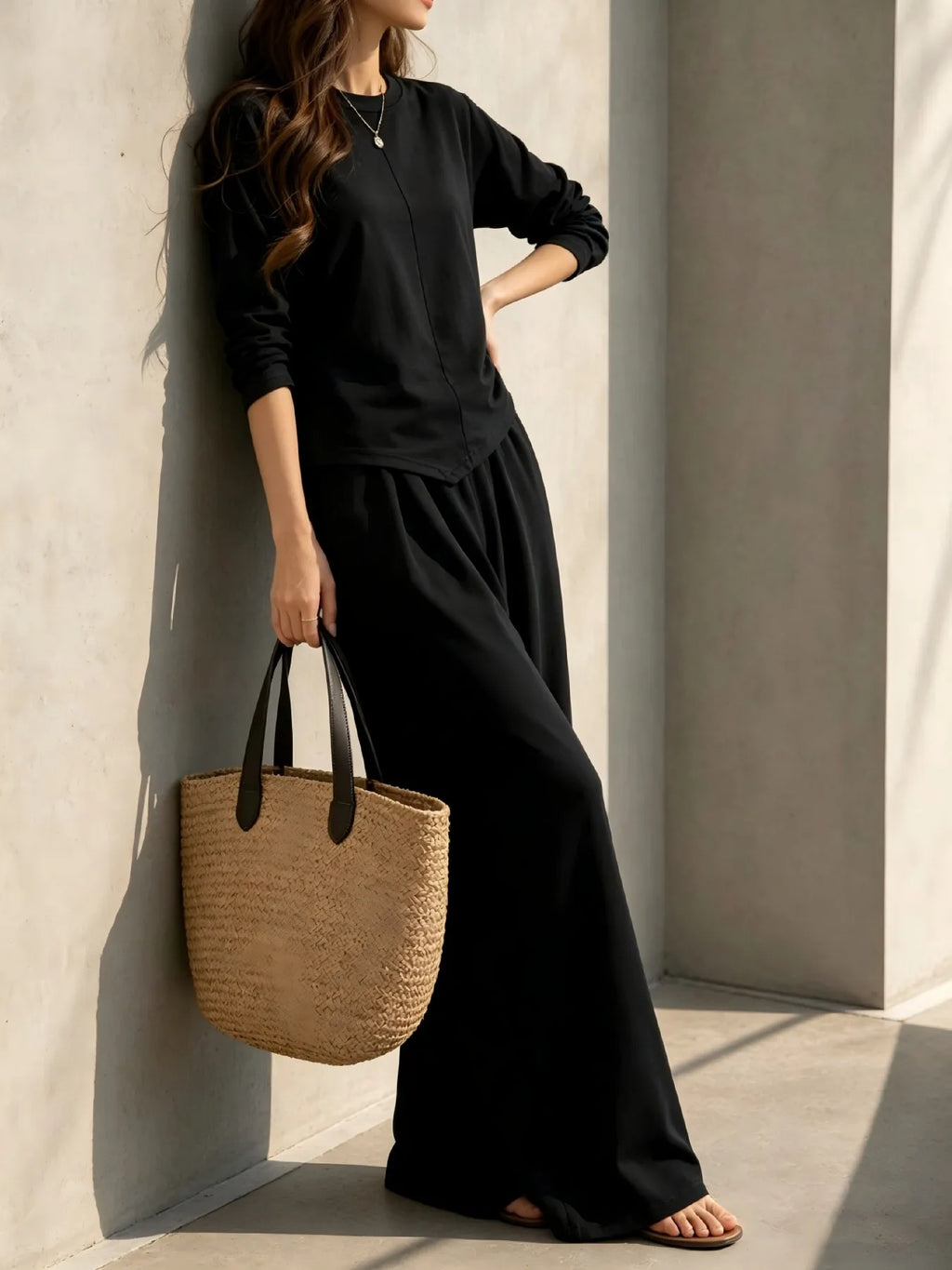 Women 2 Piece Outfit Set, Long Sleeve Irregular Hem Crewneck Top & Elastic Waist Wide Leg Pants, Casual Loose Matching Loungewear For Daily Travel - Matrix-studios.com