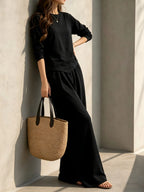 Women 2 Piece Outfit Set, Long Sleeve Irregular Hem Crewneck Top & Elastic Waist Wide Leg Pants, Casual Loose Matching Loungewear For Daily Travel - Matrix-studios.com