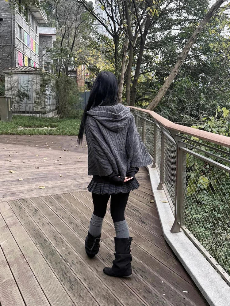2026 Autumn Winter Women's Y2K Goth Knit Cardigan Harajuku Retro Millennium Aesthetics Single-Breasted Open-Flap Hooded Sweater - Matrix Studios
