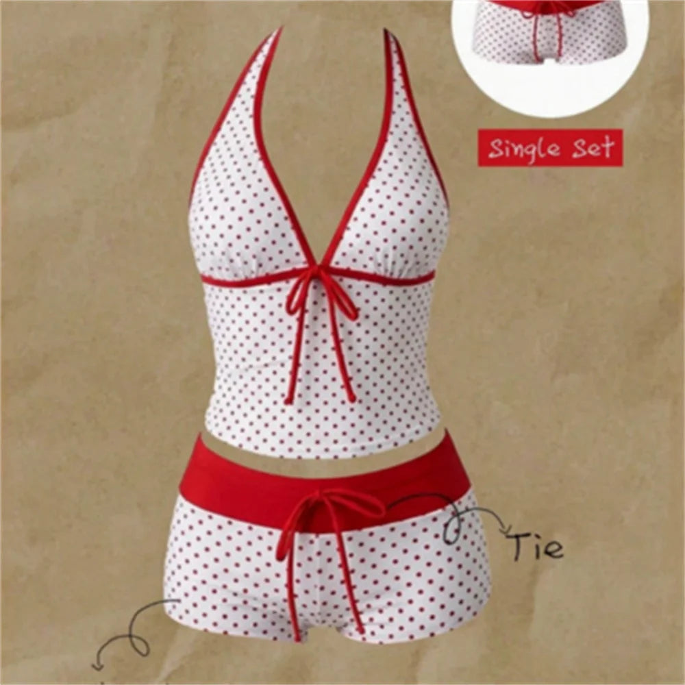 Vintage Color Block Patchwork Bikini Swimsuit Womens Bikinis and Tankinis Backless Knotted Vacation Swimwear Beach Outfit Shorts - Matrix-studios.com
