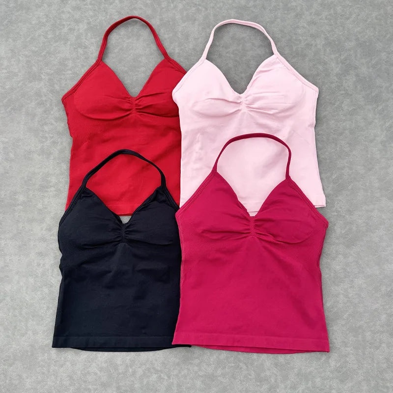 HBC Sexy V Neck Gym Tank Top Longline Strappy Vest Women Seamless Sports Running Tank Top Slim Fit Yoga Padded Workout - Matrix-studios.com