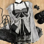 Sweet Lolita Early Autumn Three Piece Set Lace up Ruffles Cardigan Sexy Slim Fit Strapless Vest Tops High Waist Ruched Skirts - Matrix-studios.com