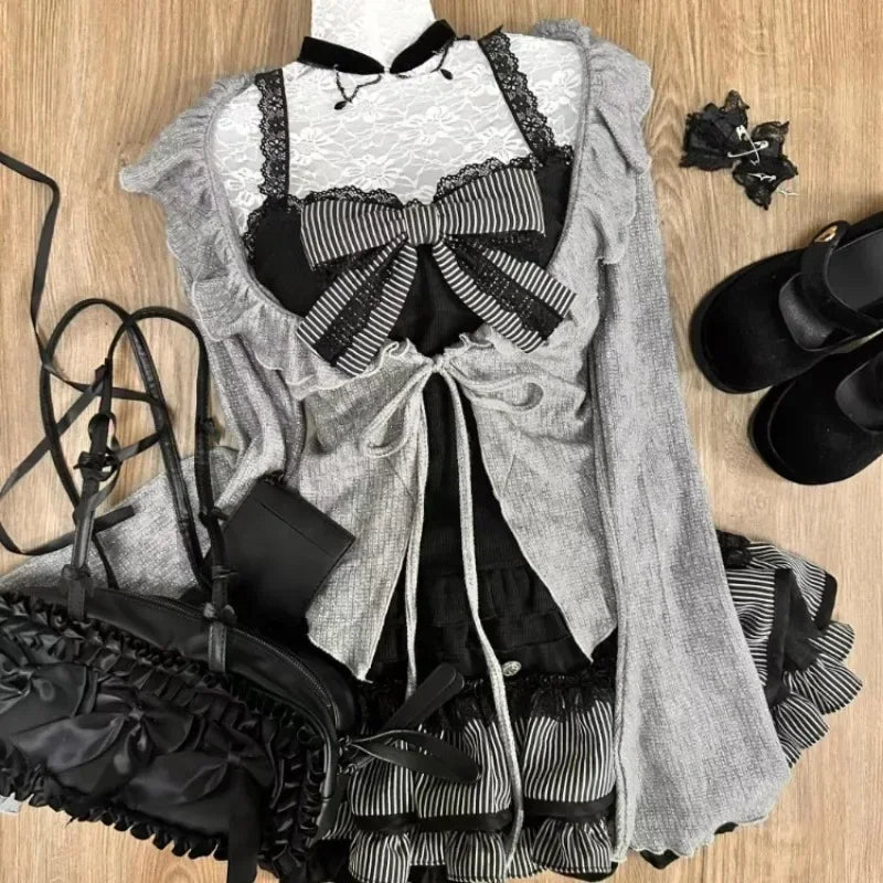 Sweet Lolita Early Autumn Three Piece Set Lace up Ruffles Cardigan Sexy Slim Fit Strapless Vest Tops High Waist Ruched Skirts - Matrix-studios.com