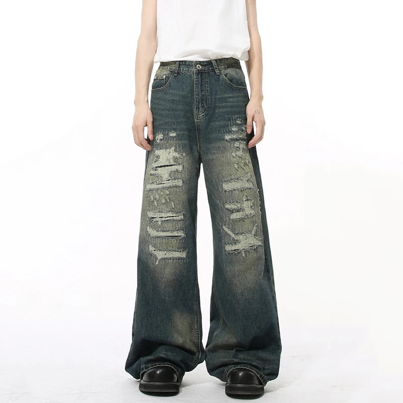 IEFB High Street Men's Denim Pants Hole Worn-out Streetwear Trousers Straight Wide Leg Casual Male Jeans New Autumn 2024 9C8513 - Matrix Studios