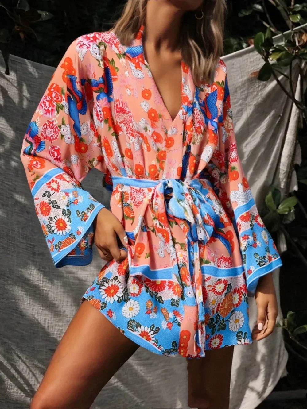 Boho Queens Vintage Peacock Floral Print Sashes Beach Kimono Women Bohemian Wrap Batwing Sleeves Holiday Bikini Cover-ups - Matrix Studios