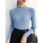 Autumn Winter Mock Neck Women Sweater Vintage Basic Solid Knitted Tops Casual Slim Pullover Korean Sweaters Simple Chic Jumpers - Matrix Studios