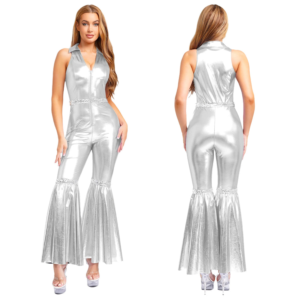 Women Vintage One Piece 70s Disco Dance Rompers Sleeveless Metallic Bell Bottom Flared Pants Jumpsuit for Retro Party Jazz Dance - Matrix Studios