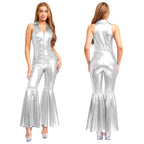 Women Vintage One Piece 70s Disco Dance Rompers Sleeveless Metallic Bell Bottom Flared Pants Jumpsuit for Retro Party Jazz Dance - Matrix Studios