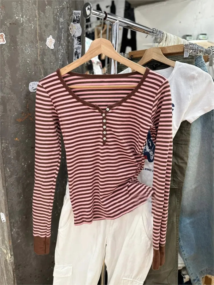 Pink Striped Slim Long Sleeve Tees Women Spring Casual Cotton O-neck Tshirt New Tops Clothes Sweet Cute  Vintage T-shirts Y2K - Matrix-studios.com
